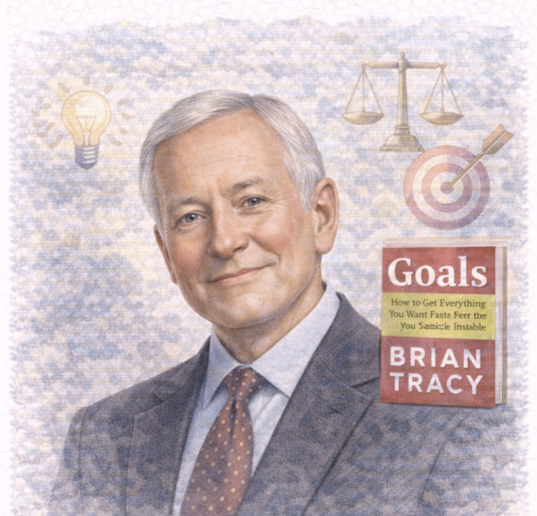 Portrait of Brian Tracy with a book titled "Goals" and symbols of light, scales, and a target.