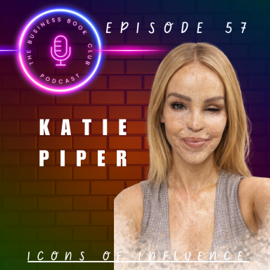Portrait of Katie Piper for a podcast episode, featuring a microphone and vibrant background.