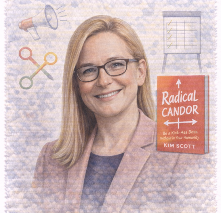 Portrait of a woman with glasses, smiling, surrounded by symbols of communication and a book cover.