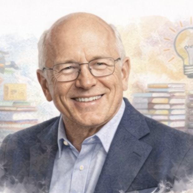 Smiling older man in glasses, wearing a blazer, with books and lightbulb icons in the background.