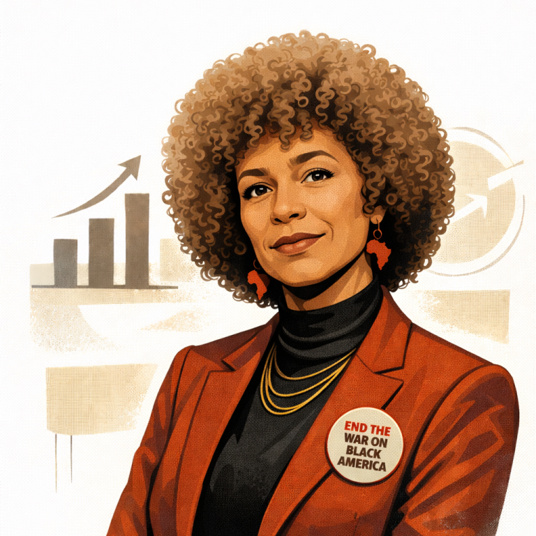Woman with curly hair in an orange blazer, standing confidently with graphs in the background. Dr Angela Davies AI generated