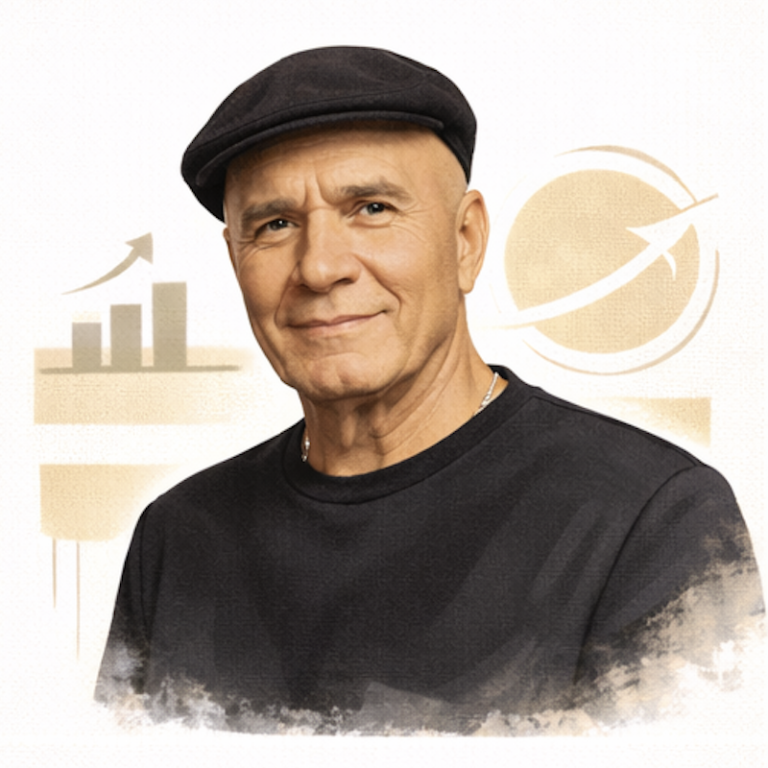 Elderly man wearing a black beret and shirt, looking thoughtfully into the distance. Wayne Dyer AI generated.