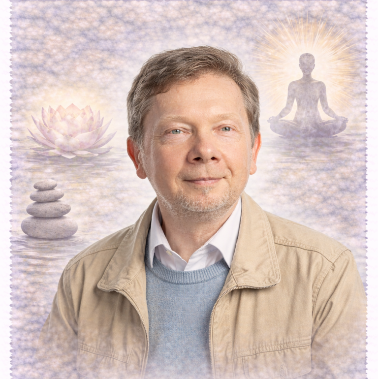 Eckhart Tolle with serene background featuring lotus flowers and a meditating figure.