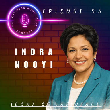 A portrait of Indra Nooyi, smiling, with a colourful gradient background.