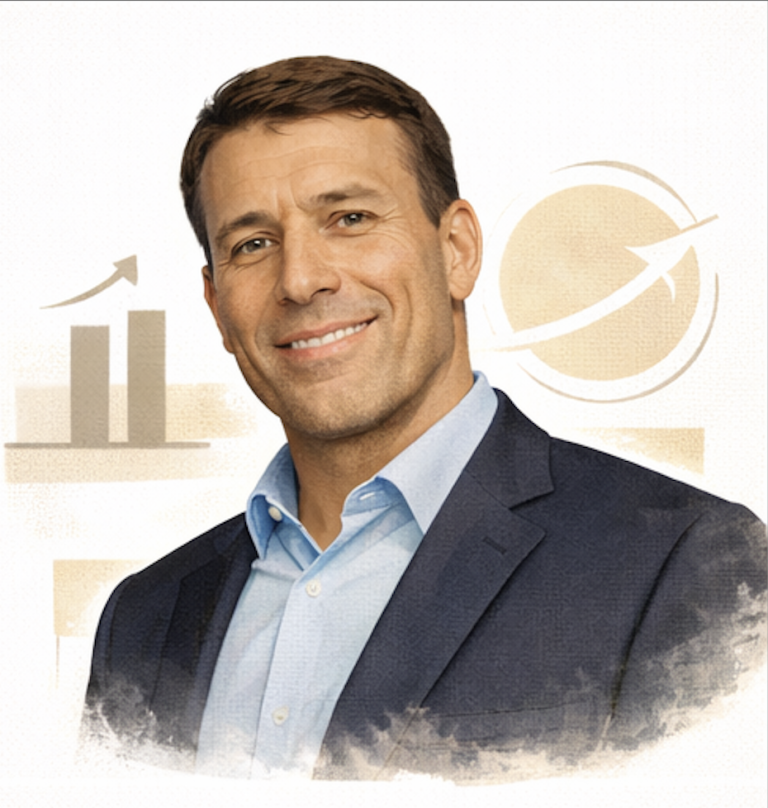 Man in a suit smiling, with a beach and sea in the background. Tony Robbins