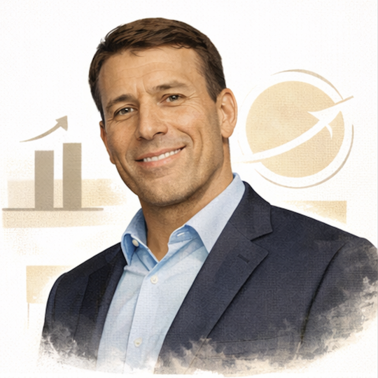 Smiling man in a suit with a light blue shirt, against a subtle background of graphs. Tony Robbins AI generated