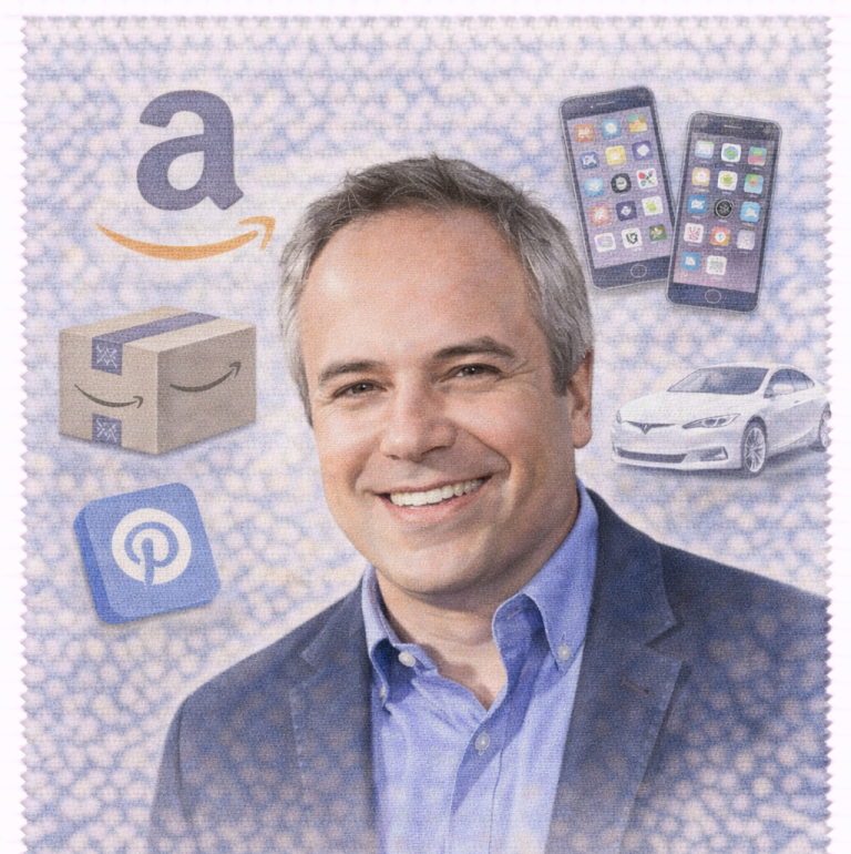 Portrait of Brad Stone with icons representing technology and delivery.