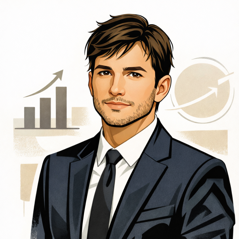 Young man in a suit with a confident expression, background featuring graphs and arrows. AI generated ashton kutcher