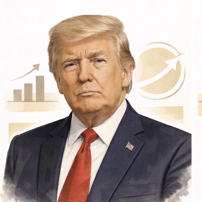 Smiling man with light skin and a suit, against a blue background. Donald Trump