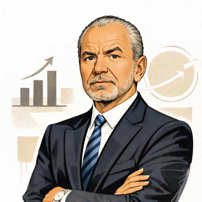 A smiling elderly man in a suit with a patterned tie, seated against a light background. Alan Sugar - AI Generated