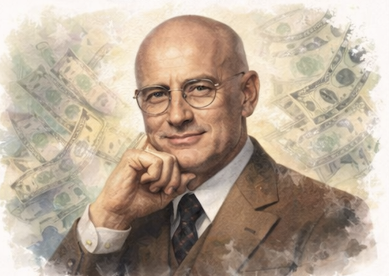 Portrait of a smiling man in a suit with a thoughtful expression and currency background.