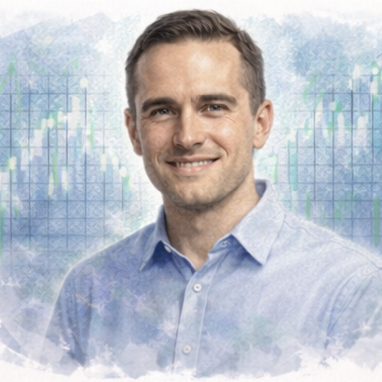Young man smiling in a light blue shirt, with a faint financial graph in the background.