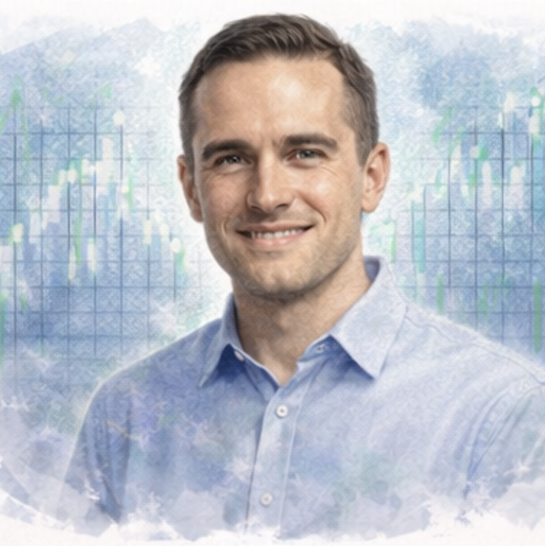 Man in a light blue shirt smiling with a financial graph background.