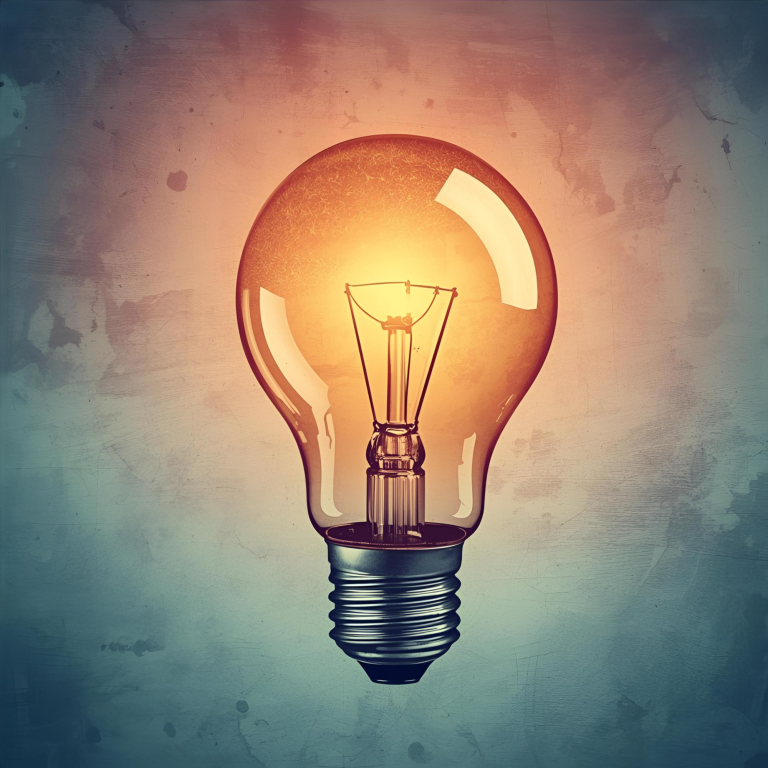 Glowing light bulb against a textured grey background.