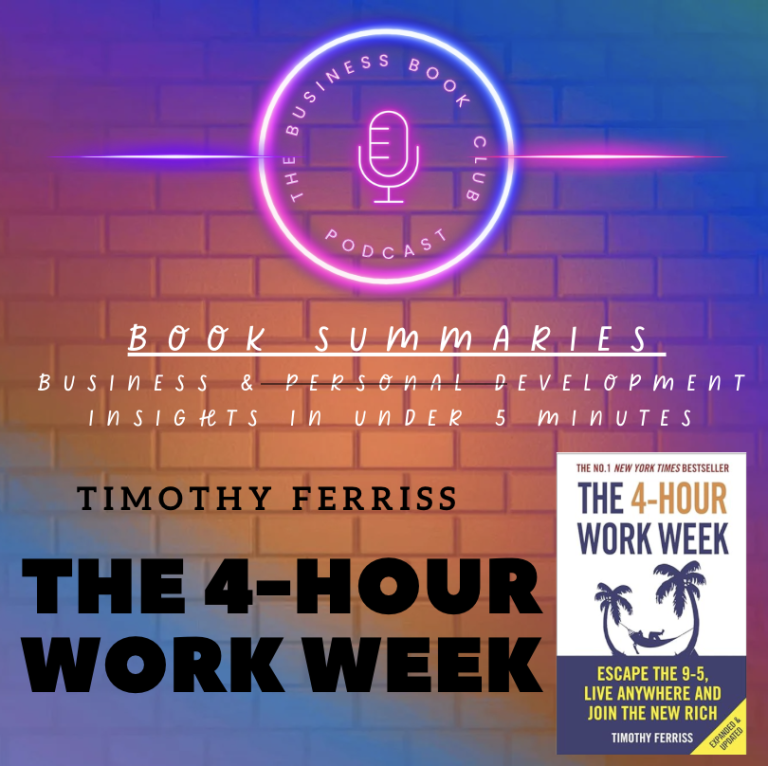 Cover for "The 4-Hour Work Week" by Timothy Ferriss, featuring a microphone and book summary style.