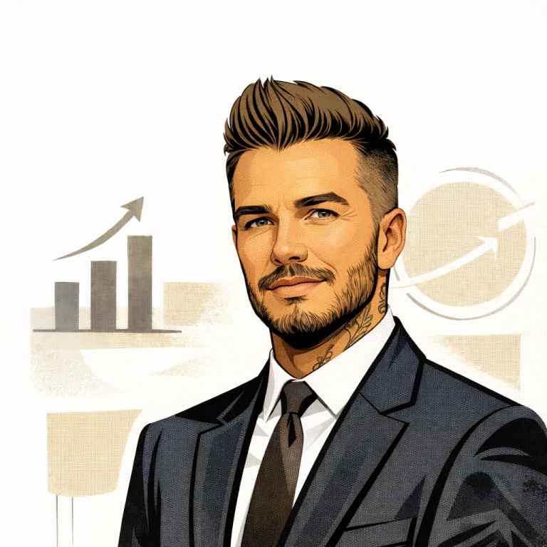 Businessman in a suit with a confident expression and digital growth graphics behind him. AI David Beckham