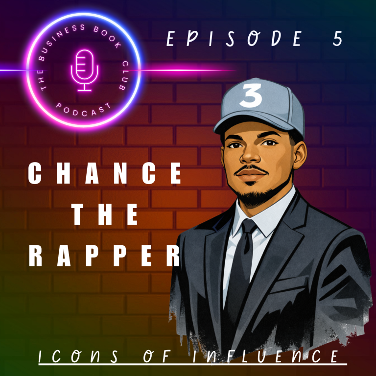 Illustration of Chance the Rapper in a suit with a podcast theme and vibrant background.
