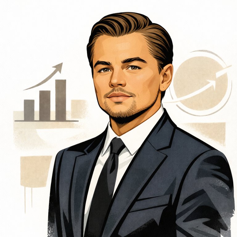 A man with dark hair and blue eyes, giving a serious expression against a blurred background. Leonardo DiCaprio. AI Generated 