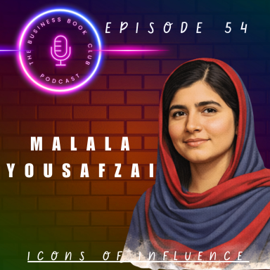 Malala Yousafzai smiling, wearing a red headscarf against a multicoloured background.
