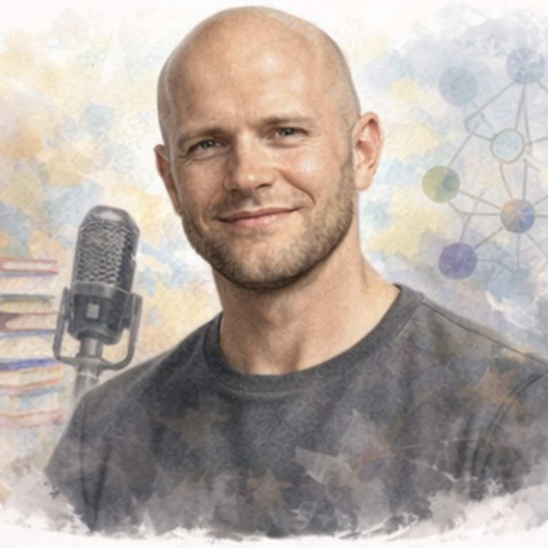 Bald man smiling, wearing a grey t-shirt, with books and a microphone in the background.