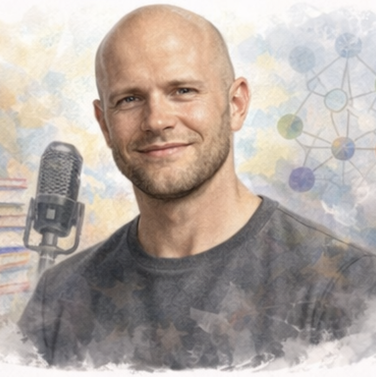Smiling man with a bald head, grey shirt, microphone, and books in the background Tim Ferriss
