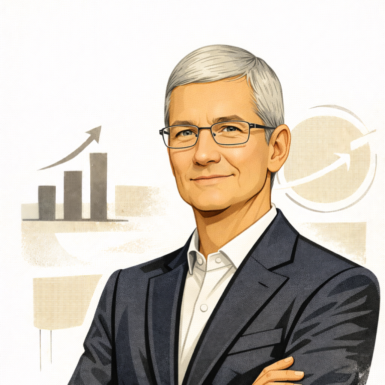 A man with short grey hair and glasses, wearing a black suit, speaking confidently. Tim Cook - AI generated