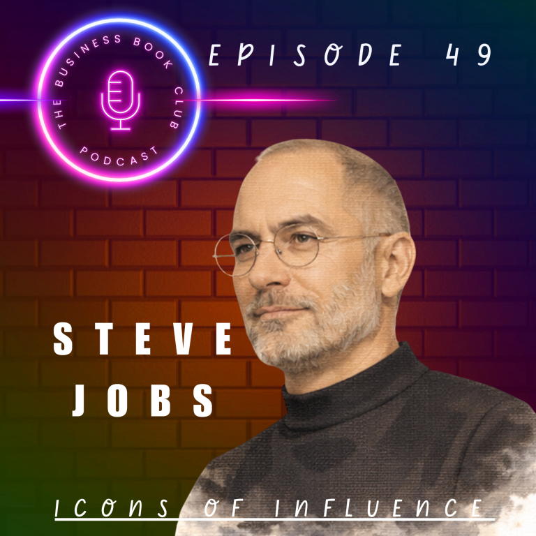 Portrait of Steve Jobs with a microphone graphic and text indicating a podcast episode number.