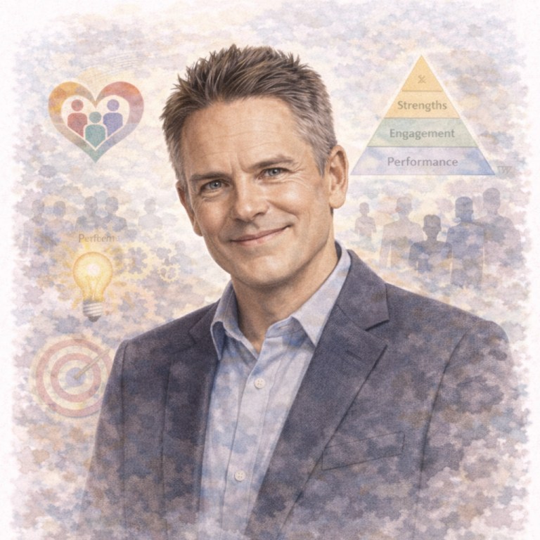 A smiling man in a blazer with abstract symbols representing ideas and relationships.