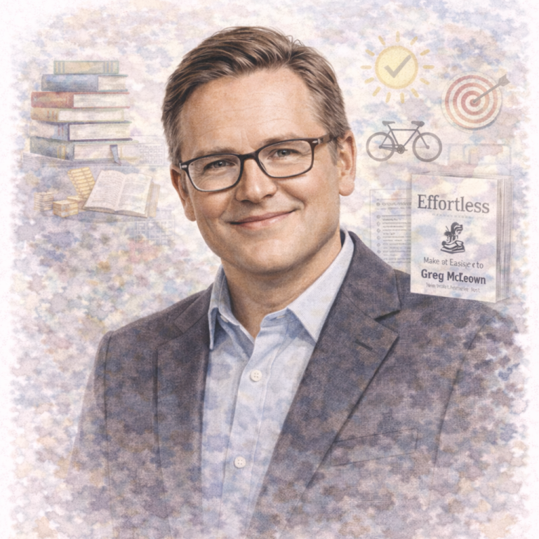 A smiling man in glasses, wearing a suit, surrounded by books and a bicycle illustration.