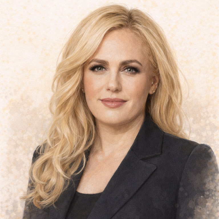 A woman with long, wavy blonde hair wearing a dark blazer, smiling confidently. Rebel Wilson AI