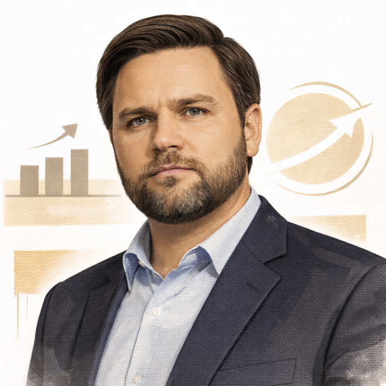 Man in a suit with a beard, smiling, in front of a flag and a decorative background. JD Vance . AI generated