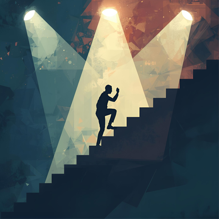 A silhouetted figure ascending stairs illuminated by dramatic spotlights.