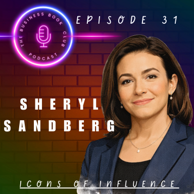 Sheryl Sandberg, podcast episode promotion with a microphone and vibrant background.