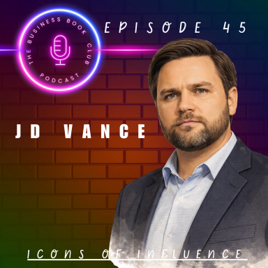 JD Vance, featured guest on episode 45 of the podcast, against a textured background.