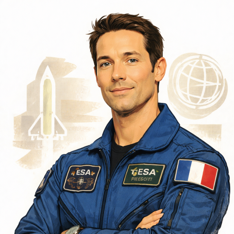 A man in a blue astronaut suit with European Space Agency patches, smiling confidently. AI generated Thomas Pesquet